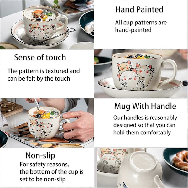 Søt Keramisk Kaffekopp 473 ml med Håndtak Kawaii Kopp Keramikk Melk Latte Krus for Kontor og Hjem Håndmalt Mønster (Lykke Katt)