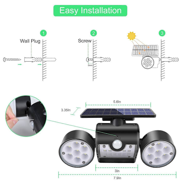 Solcellslampa för utomhusbruk, Solcellsvägglampa för utomhusbruk, med 30 vattentäta dubbla LED-strålkastare, 360 graders rotation, med rörelsesensor för trädgård