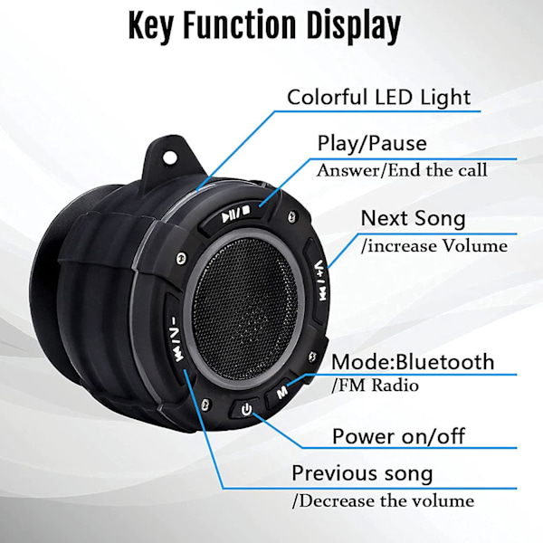 Bluetooth Duschradio, Radiohögtalare, Dammtät Bärbar Trådlös Bluetooth 5.0 Högtalare, FM-radio, Stereo, Färgglad LED-effekt, för Dusch, Simning