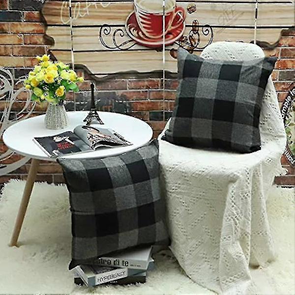 2 st Rutiga Tartan Linne Prydnadskudde Örngott Kuddfodral För Hem Zekai Svart och Grå