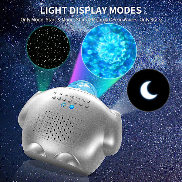 Ocean Wave Star projektor nattlys med Bluetooth-høyttaler og fjernkontroll for barn, stemmekontroll, timer, justerbar romdekorasjon