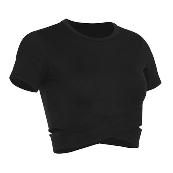 Kvinnors sport gym topp midja kors smal passform kortärmad träningstopp besättning hals fitness tank top för yoga löpning svart S