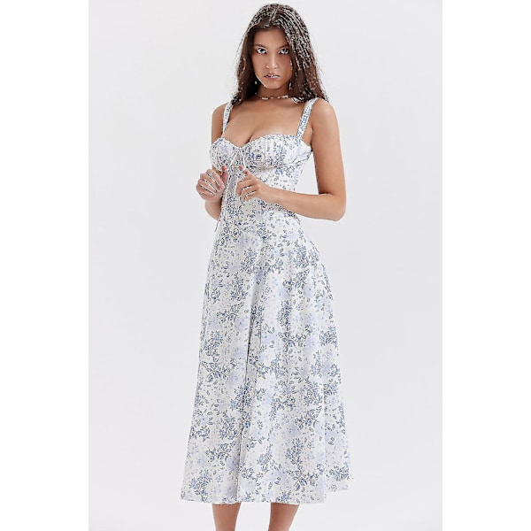 Floral Print Sleeveless Ruched Bust Split Thigh Boho Midi Dress S Navy blue and white