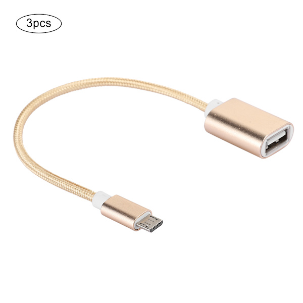 3 stk. flettet kludforstærket stik, ingen rust, jævn transmission, USB-indgang, mikro-udgang, OTG-adapterkabel til Android, guld