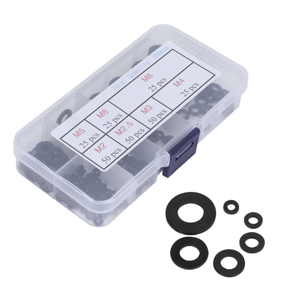 250 st packning set nylon platt bricka sortiment kit M2 M2.5 M3 M4 M5 M6 M8 svart