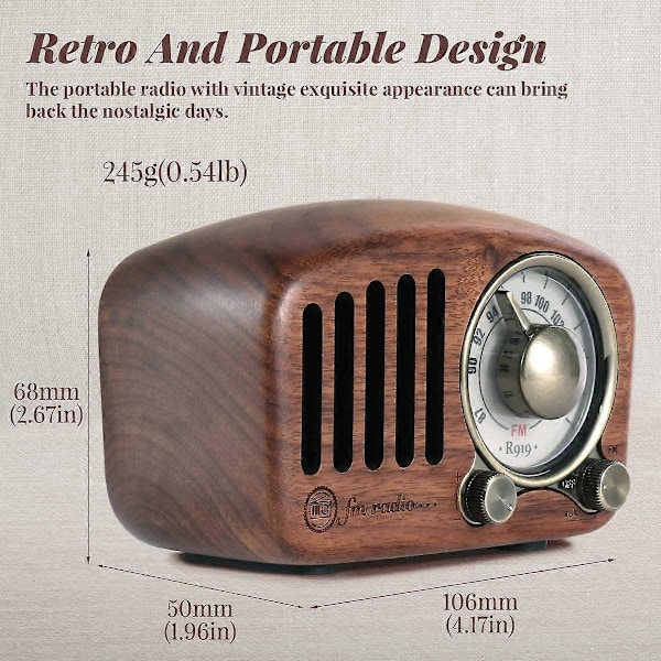 Bærbar Radio Lille, Træ FM Radio Retro Bluetooth Højttaler, Transistorradio Genopladelig med SD MP3, understøtter AUX Funktion, 270 Stort Kompas Tunin