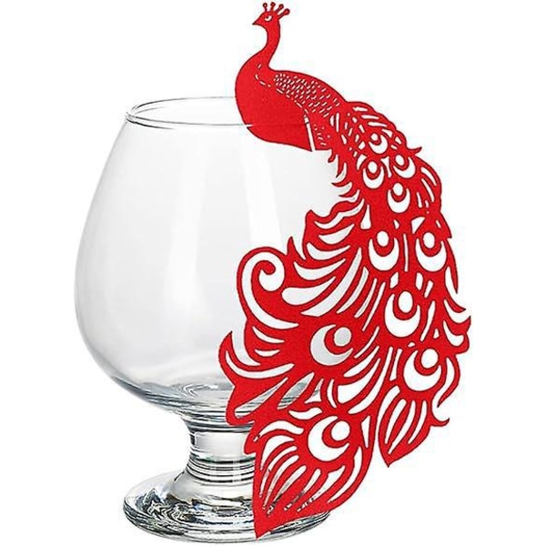 Peacock Wine Glass bordkort - sett med 50 stk | Borddekorasjon for vinglass bryllup | Glanset rød