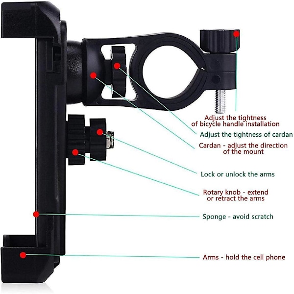 Sykkeltelefonholder, styre sykkelholder med 360° dreibar sykkelholder for iPhone X, 8, 7, 6, Samsung, Huawei og andre 4,5-7 tommers smarttelefoner (Svart)