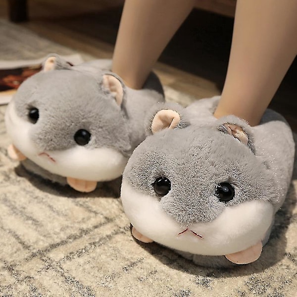 Plush Vintertøfler - Kanin Hamster Hund Design, Fuzzy Varmt For, Indendørs Træksko til Voksne, 35-41cm - Grå