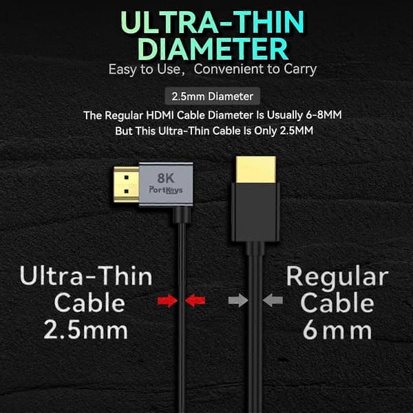 8K Ultratynn HDMI-kabel 2,5 mm diameter, HDMI A til HDMI A Smal Myk Kabel 48 Gbit/s