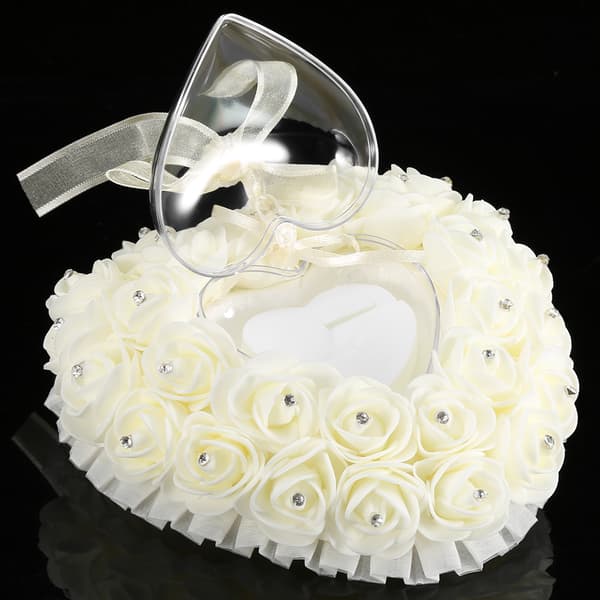 Romantisk hjerteformet gifteringboks Rose Rhinestone dekor ringpute (beige)