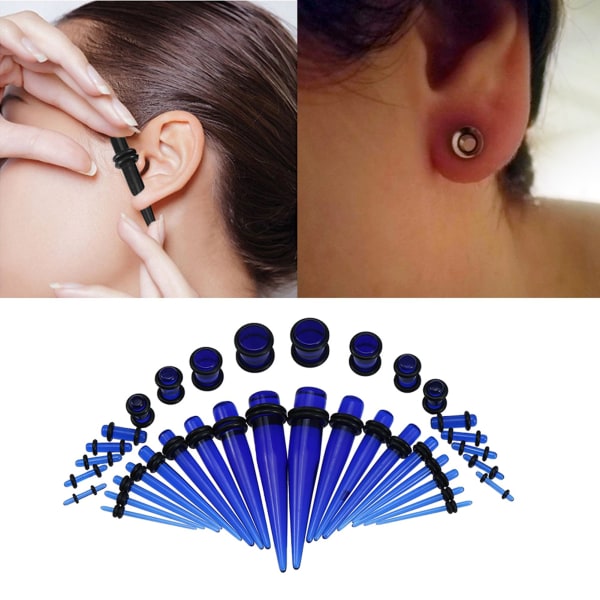 36 stk Akryl Øre Plugger Taper Expander O-Ring Stretching Kit Transparent Blå