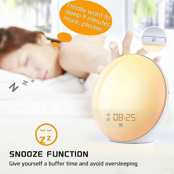 Väckarklockradio med Morgonljus och Ljuseffekter - Sänglampa med 20 Programmerbara Ljusstyrke-Alarm, Soluppgångs- och Solnedgångssimulering, Snooze-funktion