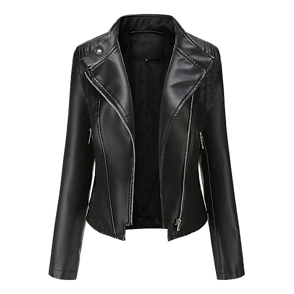 Stilfuld kvinders slanke imiteret læder biker lynlås jakke 2XL sort