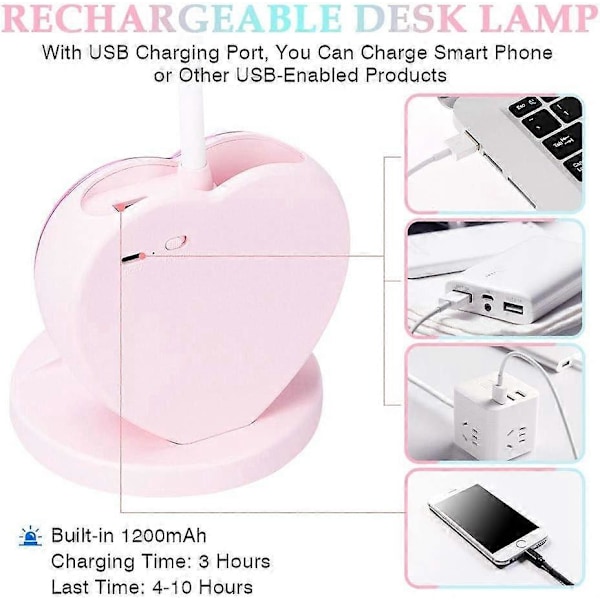 2025 Egnet LED Skrivebordslampe for Barn Dimbar Bordlampe Oppladbar med Penneholder USB-Port for Tenåringsjenter Gutter Studenter, ROSA
