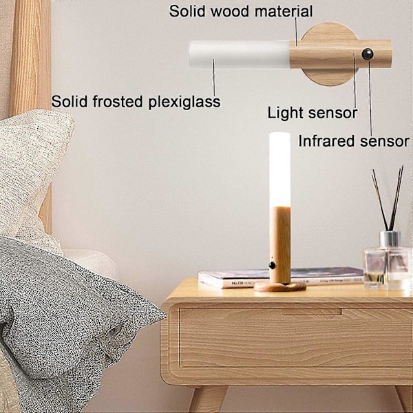 LED Træ Væglampe Retro Batteri Væglampe Bevægelsessensor USB Genopladelig Trådløs Magnetisk Natlampe Børnelampe Sengelampe Varm
