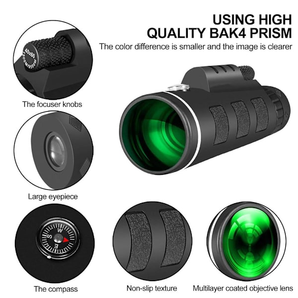 12X50 HD monokulärt teleskop med klart svagt ljus Night Vision Kompass Telefonhållare för fågelskådning Vandring Camping Resor Julklappar