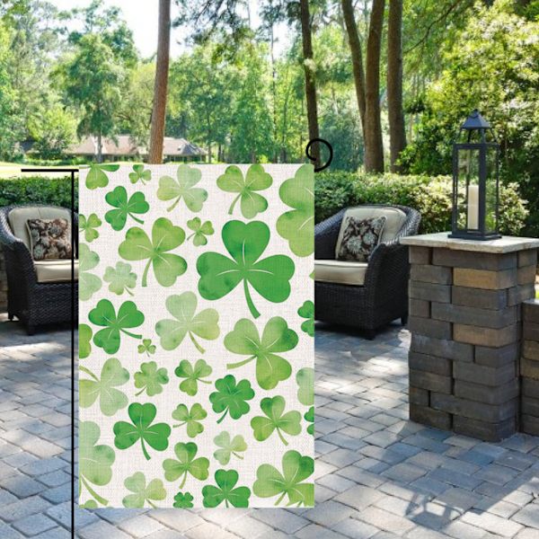 Shamrock Hageflagg Vertikal St. Patrick's Day Lykkelig Kløver Burlap Flagg Utendørs Hage Yard Dekorasjon