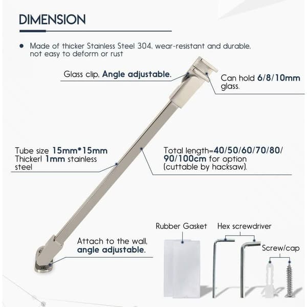 40 cm rammeløs brusedør i rustfrit stål, fast panel, væg-til-glas støttestang til 6 mm, 8 mm, 10 mm tykt glas