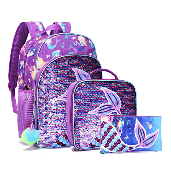 3 i 1 Kid Bokväskor Set Flickor Sjöjungfru Paljetter Ryggsäck med Lunchväska Case för Skol Utomhus Resor Camping Picknick