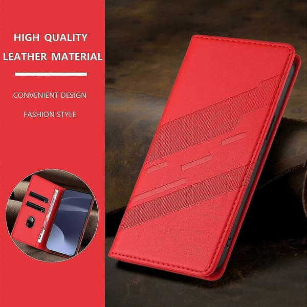 25-26 Deksel til iPhone 16 Pro Max, PU-skinn Folio Flip Kickstand Støtsikkert Telefondeksel - Mørkegrønn Red