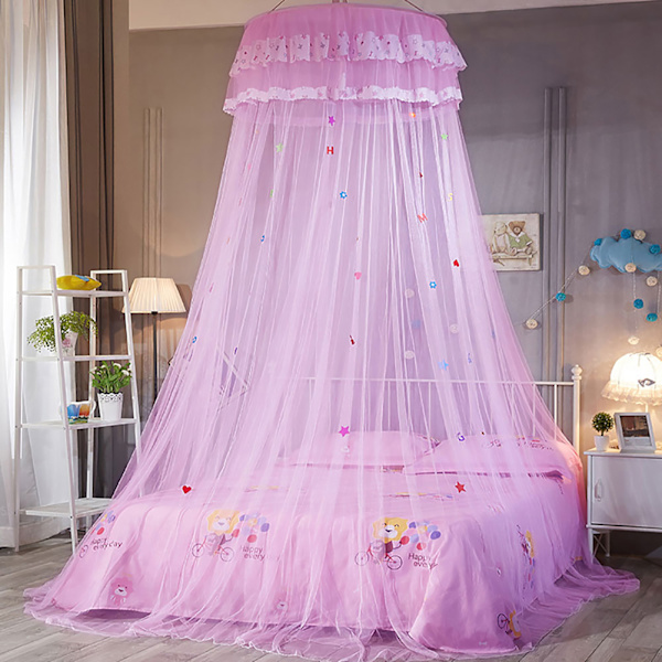 Pyöreä katollinen pitsiprinsessatyylinen hyttysverho lapsen sänkyyn (vaaleanpunainen)
