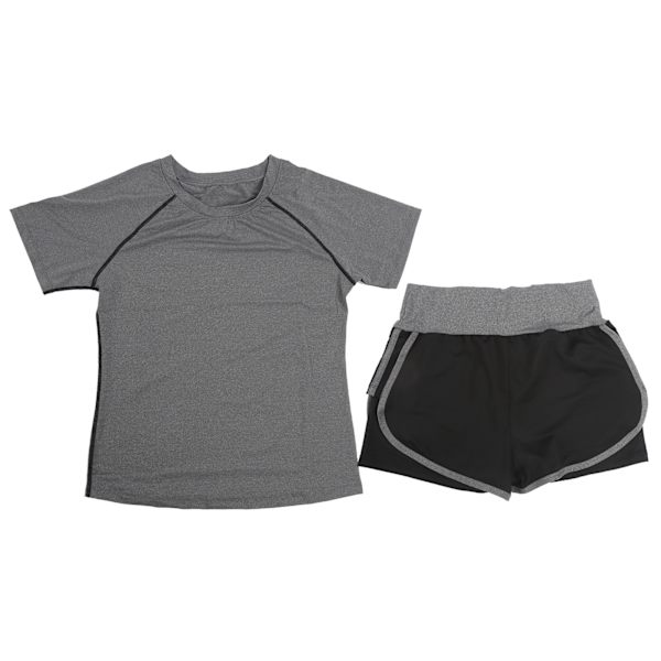 Dam sommar casual 2-delad kortärmad outfit set träningskläder fitness kläder set grå kortärmad + svart grå hög midja shorts L