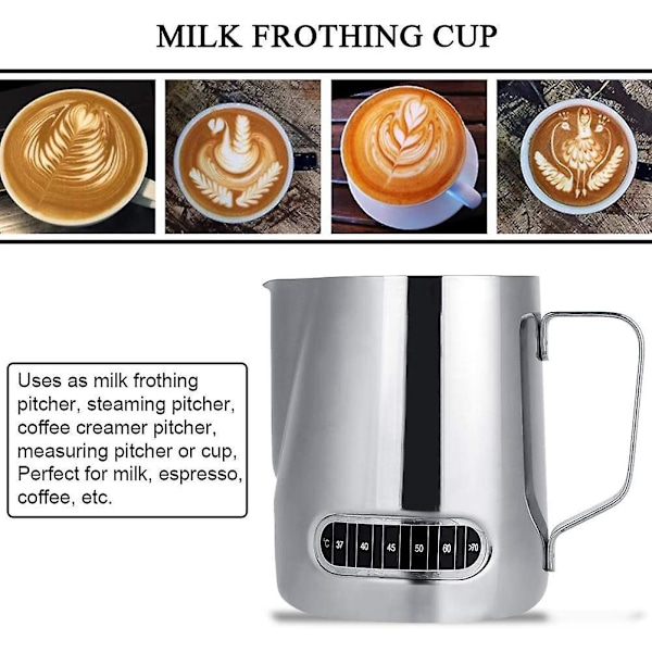 600ML Mjölkskummarekanna med Temperaturvisning Rostfritt Stål Mjölkkanna Skum Kaffe Cappuccino