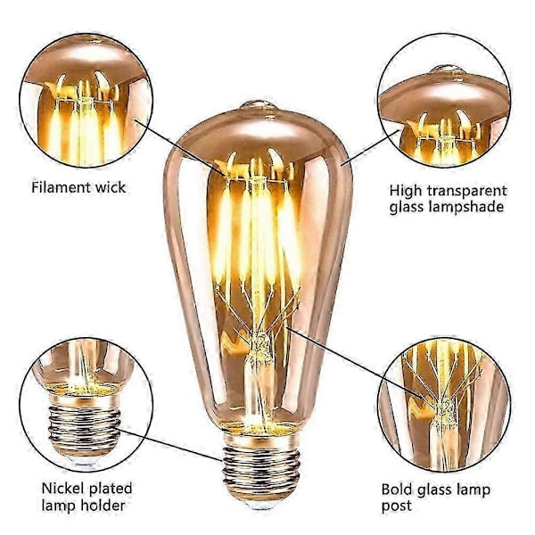 6 stk. E27 Vintage Lyspære, LED ST64 Retro Vintage Edison Dekorativ Lampe, 4W Varmhvit Filament for Restaurant Cafe Bar Lyspærer_SZXM