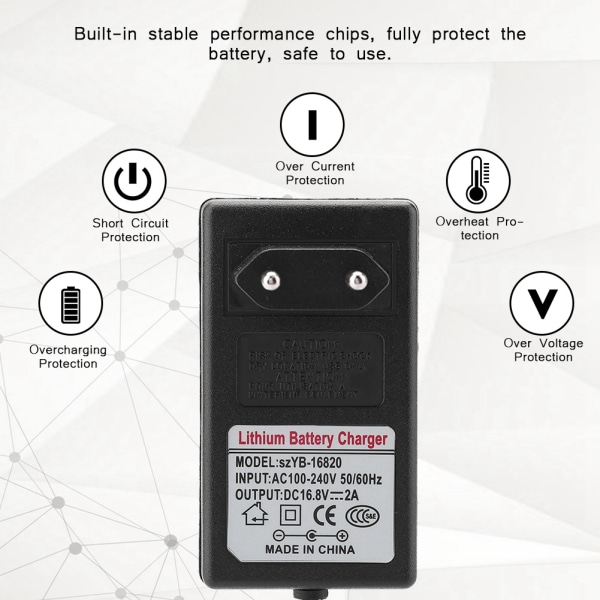 AC100-240V DC 16.8V 2A Ersättningsströmadapter Litiumjonbatteriladdare Säker laddning EU