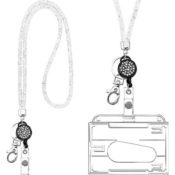 Rhinestone Crystal Bling Lanyard kaulakoru kirkkaalla henkilökorttitelineellä, avaimenperällä ja kaulahihnalla avaimille - valkoinen