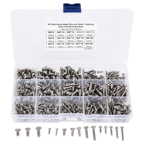 400 stk. rustfrit stål skrue krydspanhoved selvskærende skruer Sortiment Kit Fastener