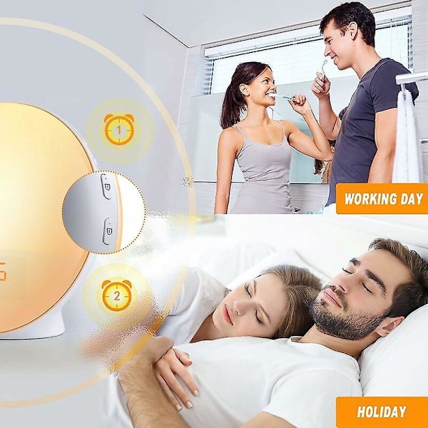 Vækkeurradio med Morgenlys og Lyseffekter - Sengelampe med 20 Programmerbare Lysstyrkealarmer, Solopgangs- og Solnedgangssimulering, Snooze-funktion