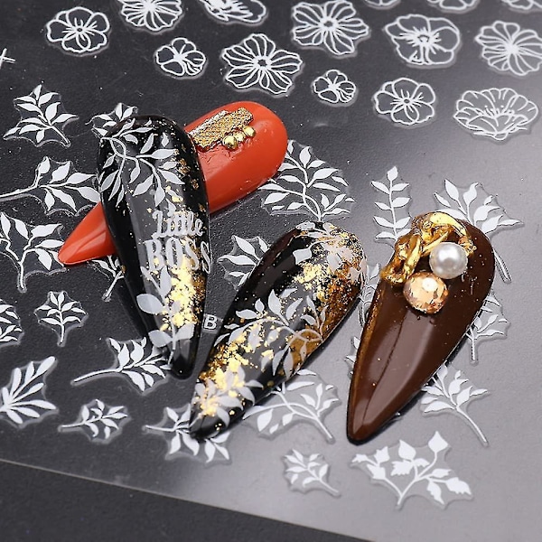 Vita 3D Blommiga Nageldekaler - Självhäftande Blommönster för DIY Manikyr