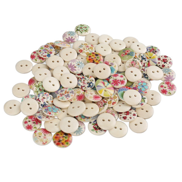 100 stk 0,6 tommer blandede trykte treknapper DIY håndverksknapper Dekorative runde knapper for sying Håndverk Loggfarge Blomster 100 stk 0,6 tommer