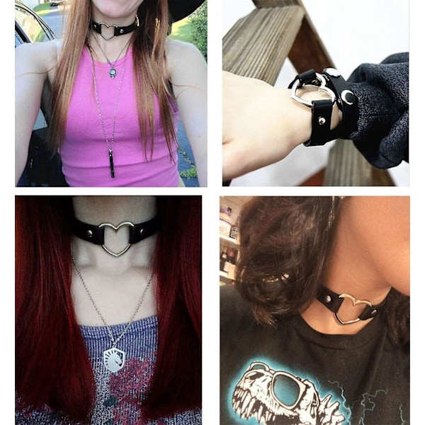 PU Imitasjon Lær Gotisk Punk Choker Kort Halskjede med Hjerteformet Kobling (Svart)