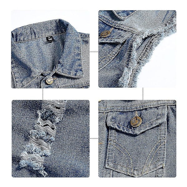 Ærmeløs blå denimjakke til mænd, afslappet stil med revers