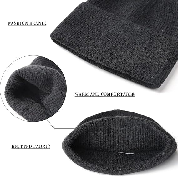 2-pack Unisex Stickad Mössa med Uppvikt Kant, Varm Klassisk Vintermössa för Män och Kvinnor black  gray