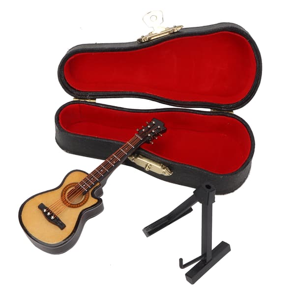 Miniatyr elgitarr modell i lind och metall, mini musikinstrument prydnader 10 cm Cutaway-gitarr