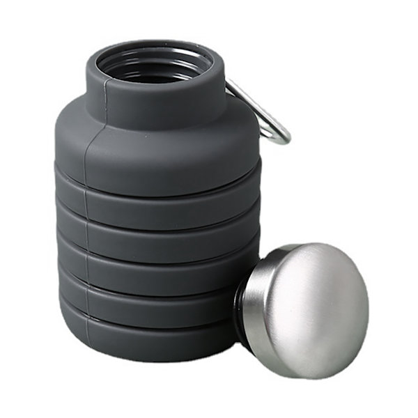 Barnevannflaske Maksimalt 510ml Matkvalitet Silikon Metall Karabinkrok Sammenleggbar Vannflaske for Barn Skole Reise Svart