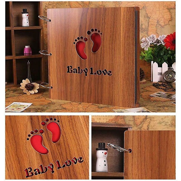 Sött DIY Scrapbook Fotoalbum, Mejslat Trä \"Baby Love\" Minnesanteckningsbok Resesouvenirer Bröllops Scrapbook Skissbok, Gåva till Nyfödd Födelsedag Ch