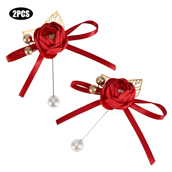 Simulation Rose Flower Artificial Wedding Corsage Bridesmaid Wrist Flower Accessories Supplies2Pcs Red Corsage without Name Ribbon