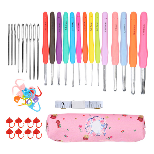 Virka nål set TPR mjukt handtag nålar kit DIY stickning verktyg hushållsartiklar C1‑rosa väska