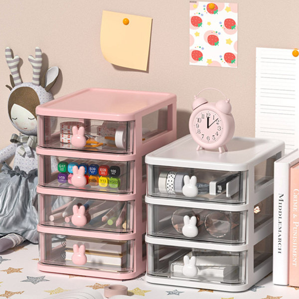 Skrivebords Oppbevaringsboks Multi Tier Transparent Plast Stor Kapasitet Kanin Håndtak Liten Skuff Organizer for Bok Penn Kontor Hvit, 5 Tier(13.4x17x26cm)