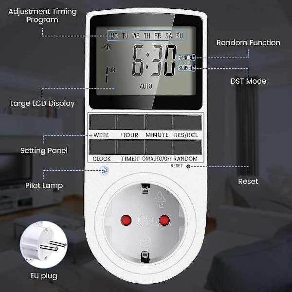 Energibesparende Digital Timer Uttak - 16a / 3680w, 16 Konfigurerbare Programmer