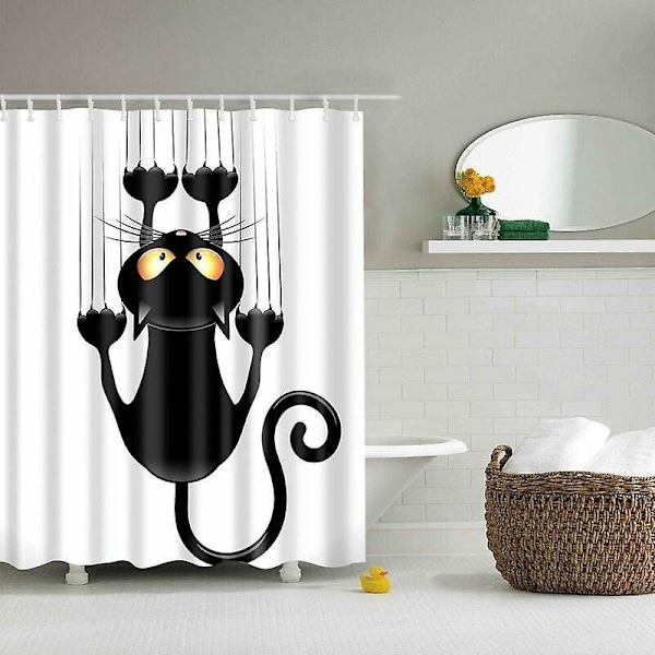 Polyester Bruseforhæng, Tekstil Badeforhæng, Sort Kat Mønster, Skimmelsikker, Vandtæt, Med 12 Bruseforhængsringe og Kroge 180x180cm