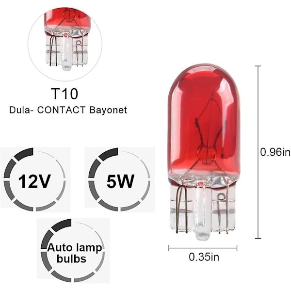 10 stk Røde T10 W5W Miniatyr Halogenpærer - DRL Hjørnelys, Sidelys, Brems, Baklys