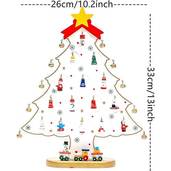 Miniatyr juletre i tre for bordplate med 36 miniatyrpynt, morsomt Xmans trelekesett for skrivebord, ensidig juletrepynt (hvit, L)