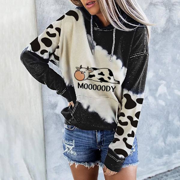 Söt ko-tryck huvtröja för kvinnor - Snygg casual sweatshirt för höst, vinter och vår S