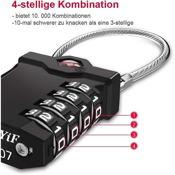 TSA-godkjent 4-sifret kombinasjonskoffertlås med åpningsalarm og fleksibel kabel (2-pack, svart/sølv)